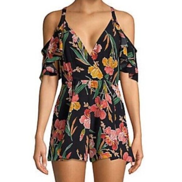 Revolve Privacy Please Floral Leon Cold Shoulder Romper Dark Iris - Picture 1 of 11